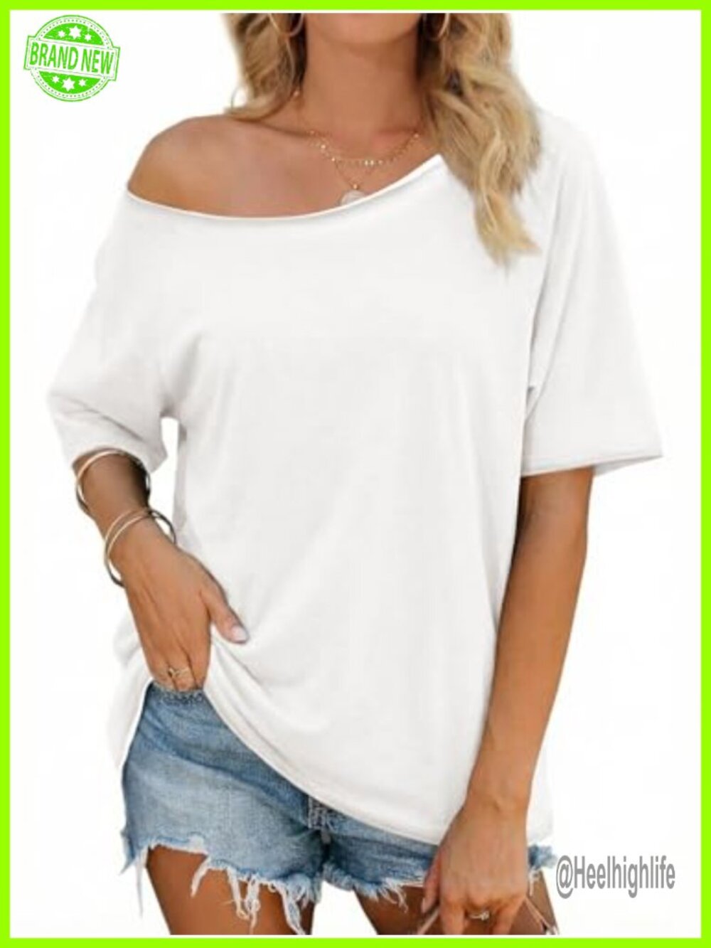 Off Shoulder Oversized Short Sleeve T-Shirt Boat Neck Casual Summer Tee